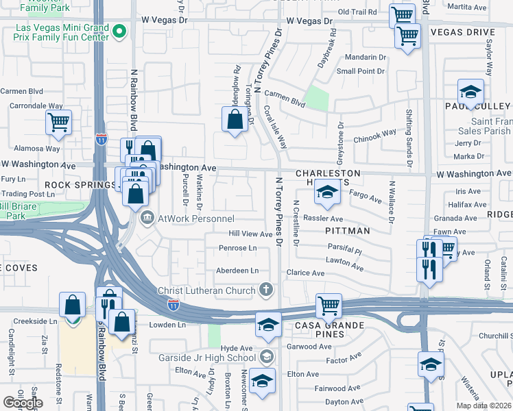 map of restaurants, bars, coffee shops, grocery stores, and more near 6413 Brushwood Lane in Las Vegas