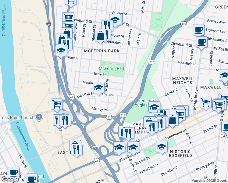 map of restaurants, bars, coffee shops, grocery stores, and more near 1205 Foster Place in Nashville