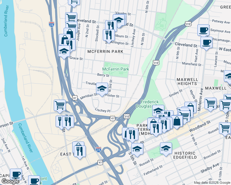 map of restaurants, bars, coffee shops, grocery stores, and more near 303 Foster Street in Nashville