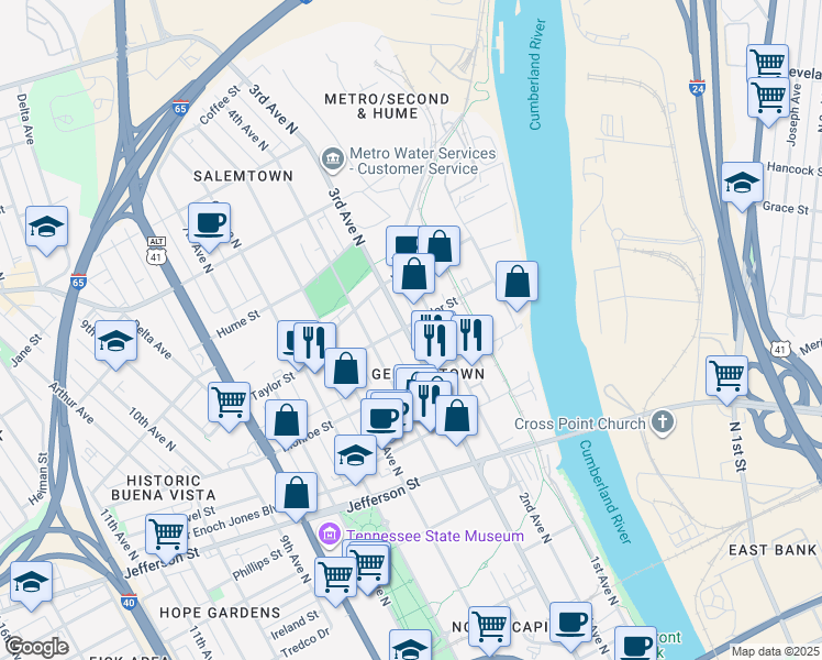 map of restaurants, bars, coffee shops, grocery stores, and more near in Nashville