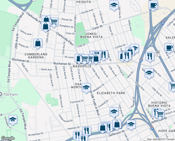map of restaurants, bars, coffee shops, grocery stores, and more near 1724 17th Avenue North in Nashville