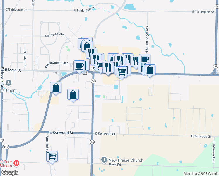 map of restaurants, bars, coffee shops, grocery stores, and more near 2910 Meridian Place in Siloam Springs