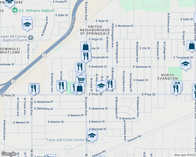 map of restaurants, bars, coffee shops, grocery stores, and more near 1603 North Atlanta Avenue in Tulsa