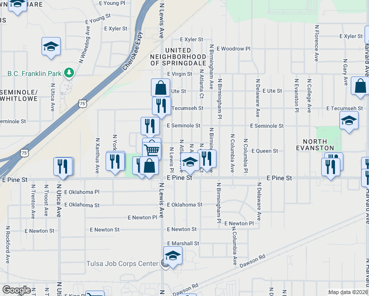 map of restaurants, bars, coffee shops, grocery stores, and more near 1603 North Atlanta Avenue in Tulsa