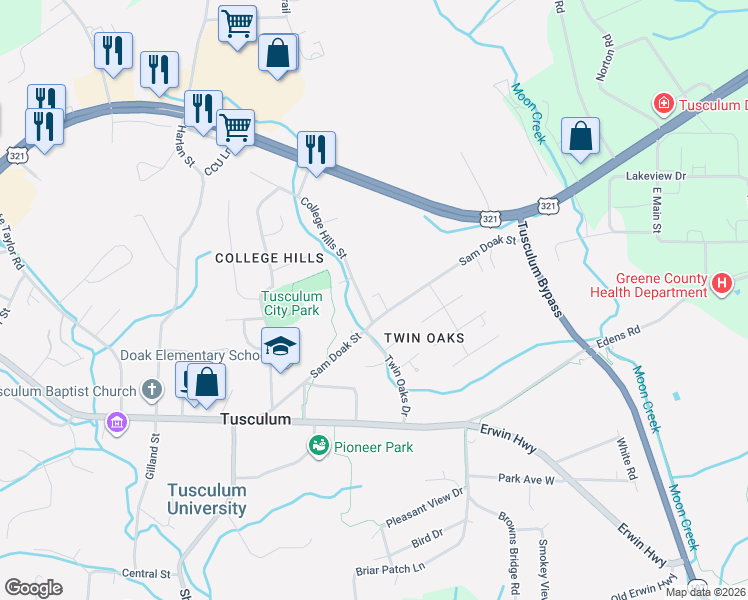 map of restaurants, bars, coffee shops, grocery stores, and more near 364 Sam Doak Street in Greeneville