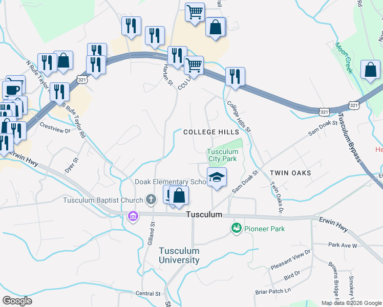map of restaurants, bars, coffee shops, grocery stores, and more near 105 Wintergreen Avenue in Tusculum