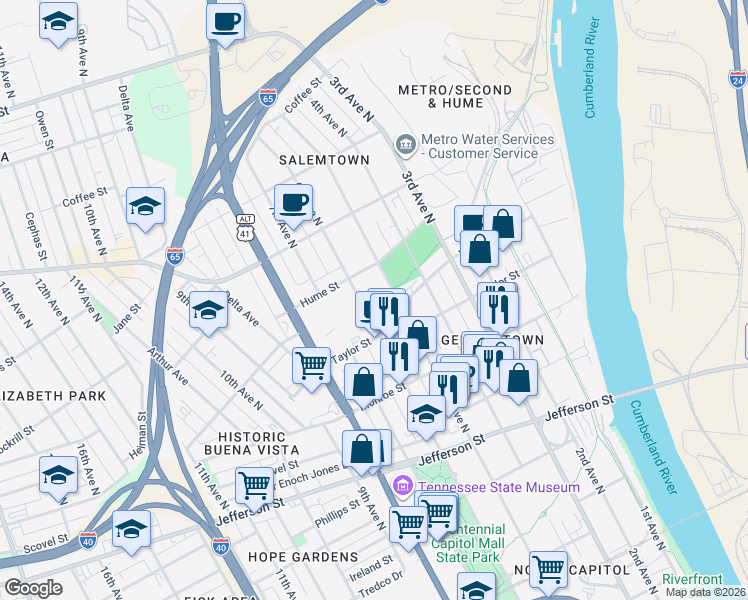 map of restaurants, bars, coffee shops, grocery stores, and more near 1515 5th Avenue North in Nashville