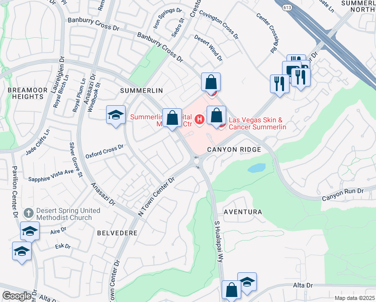 map of restaurants, bars, coffee shops, grocery stores, and more near 1350 North Town Center Drive in Las Vegas