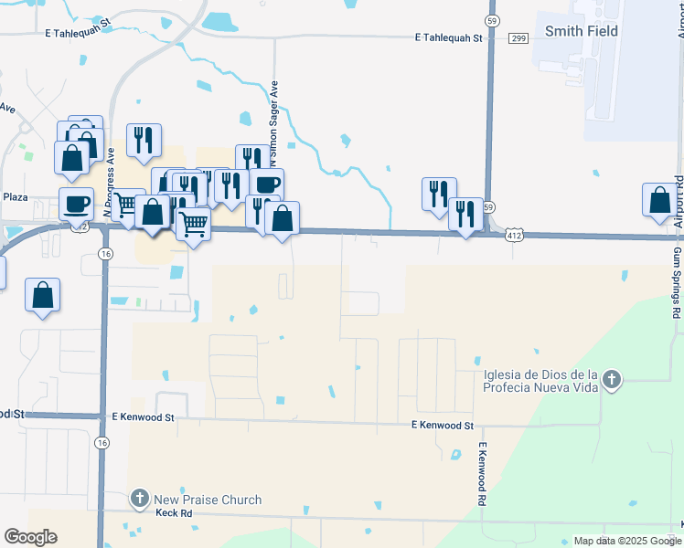 map of restaurants, bars, coffee shops, grocery stores, and more near Timothy Street in Siloam Springs