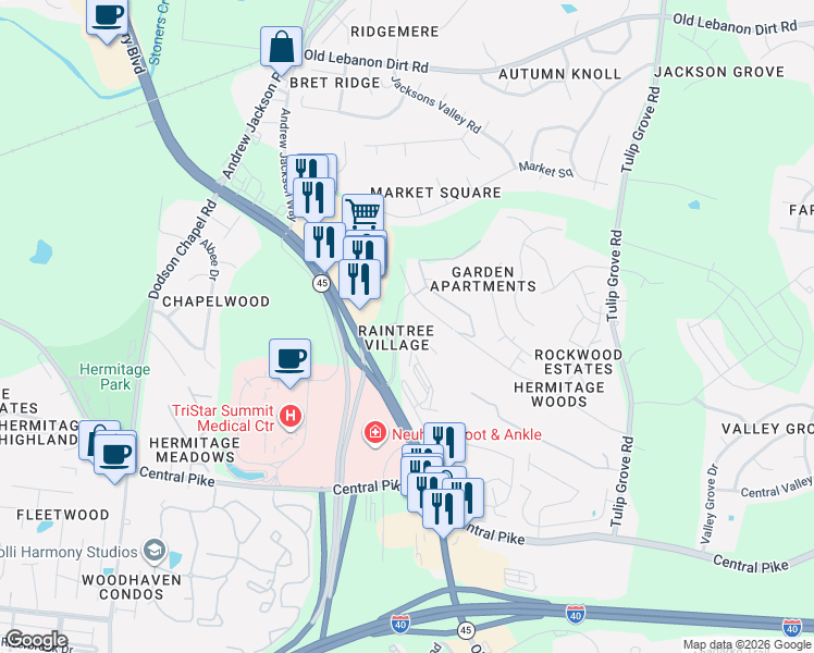map of restaurants, bars, coffee shops, grocery stores, and more near 629 Rockwood Drive in Nashville