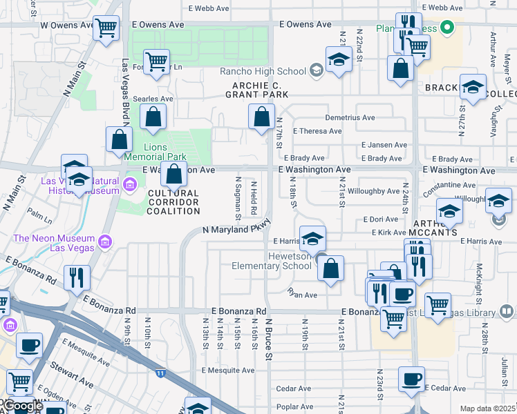map of restaurants, bars, coffee shops, grocery stores, and more near 828 North Held Road in Las Vegas
