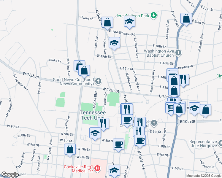 map of restaurants, bars, coffee shops, grocery stores, and more near 1219 Byrne Avenue in Cookeville