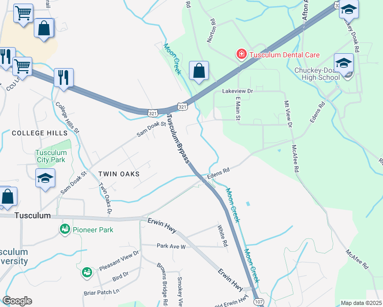 map of restaurants, bars, coffee shops, grocery stores, and more near 195 Tusculum Trail in Greeneville