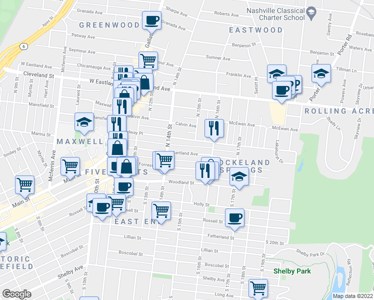 map of restaurants, bars, coffee shops, grocery stores, and more near 1419 Gartland Avenue in Nashville