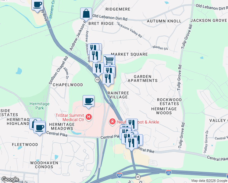 map of restaurants, bars, coffee shops, grocery stores, and more near 629 Rockwood Drive in Nashville