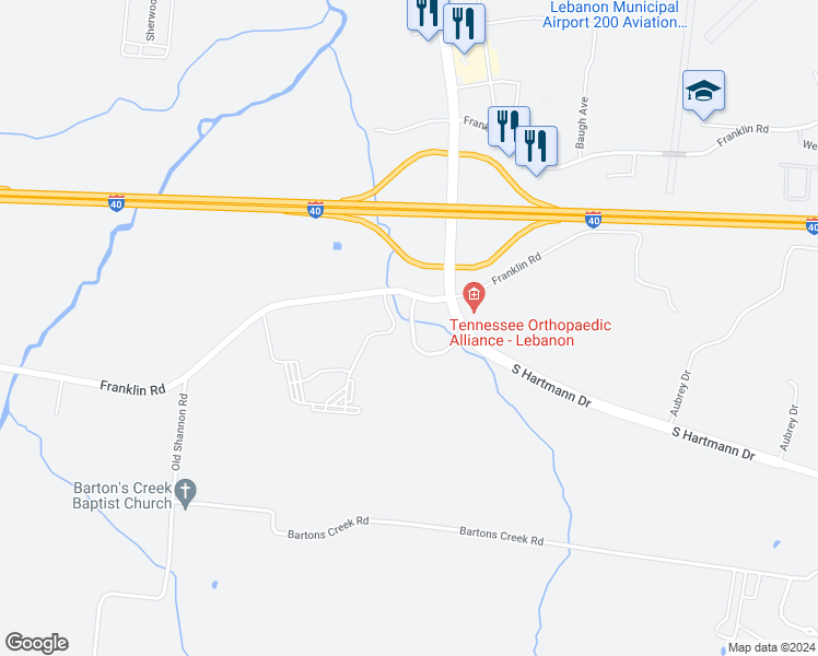 map of restaurants, bars, coffee shops, grocery stores, and more near 1567 Franklin Road in Lebanon