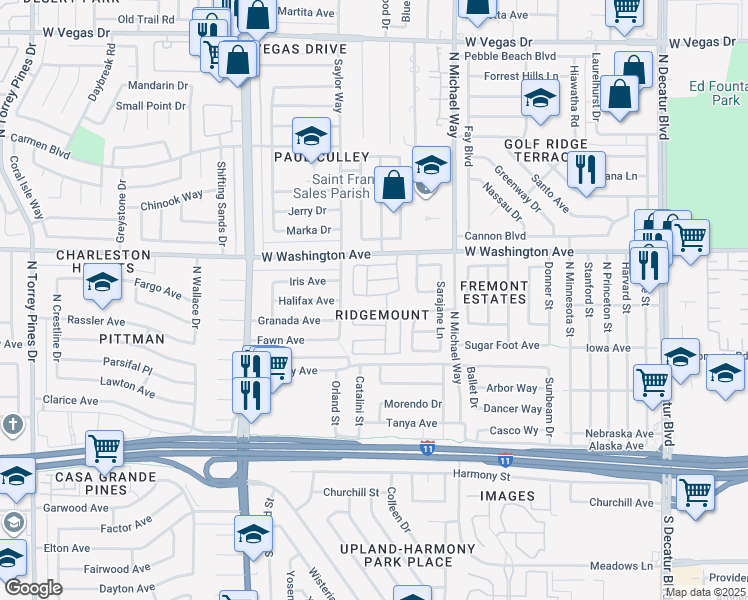 map of restaurants, bars, coffee shops, grocery stores, and more near 5608 Ridgegrove Avenue in Las Vegas