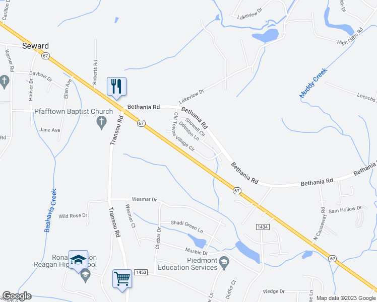 map of restaurants, bars, coffee shops, grocery stores, and more near 4886 Old Towne Village Circle in Pfafftown