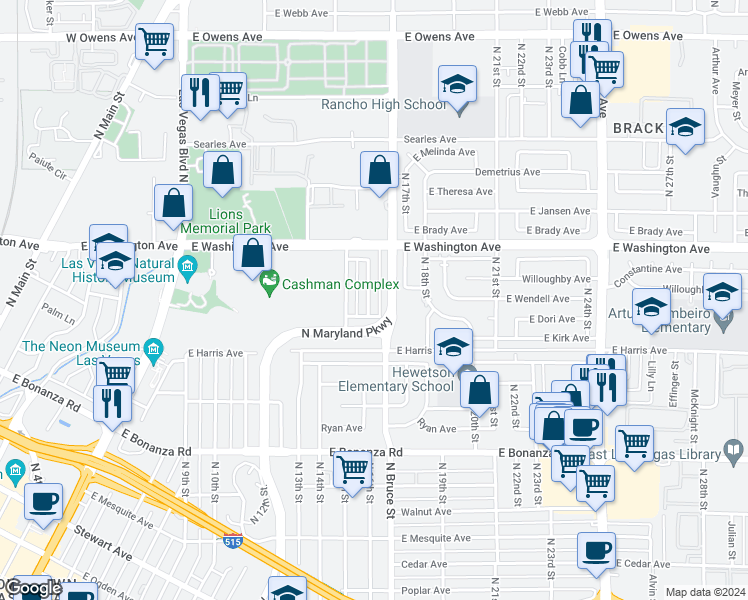 map of restaurants, bars, coffee shops, grocery stores, and more near 828 North Held Road in Las Vegas