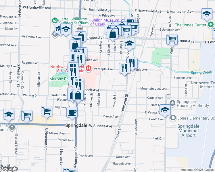 map of restaurants, bars, coffee shops, grocery stores, and more near 400 Quandt Avenue in Springdale