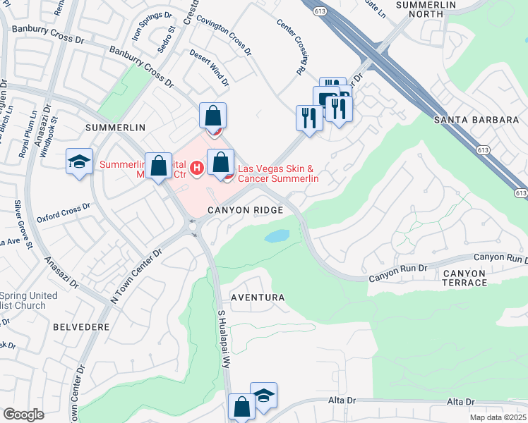 map of restaurants, bars, coffee shops, grocery stores, and more near 613 Via Linda Court in Las Vegas