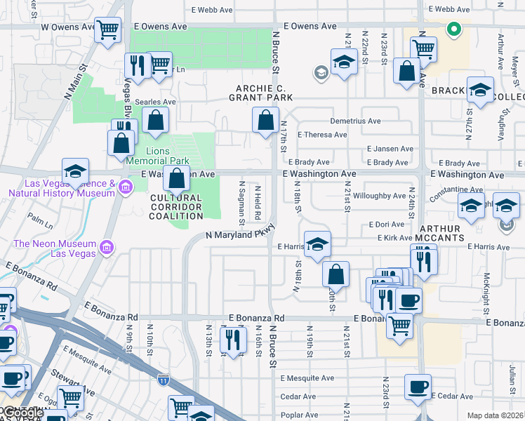 map of restaurants, bars, coffee shops, grocery stores, and more near 845 North Held Road in Las Vegas