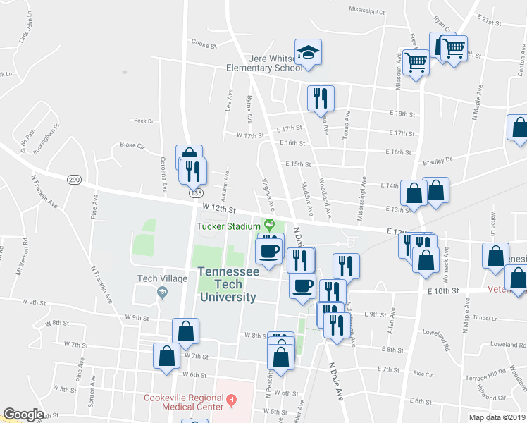 map of restaurants, bars, coffee shops, grocery stores, and more near 41 West 13th Street in Cookeville