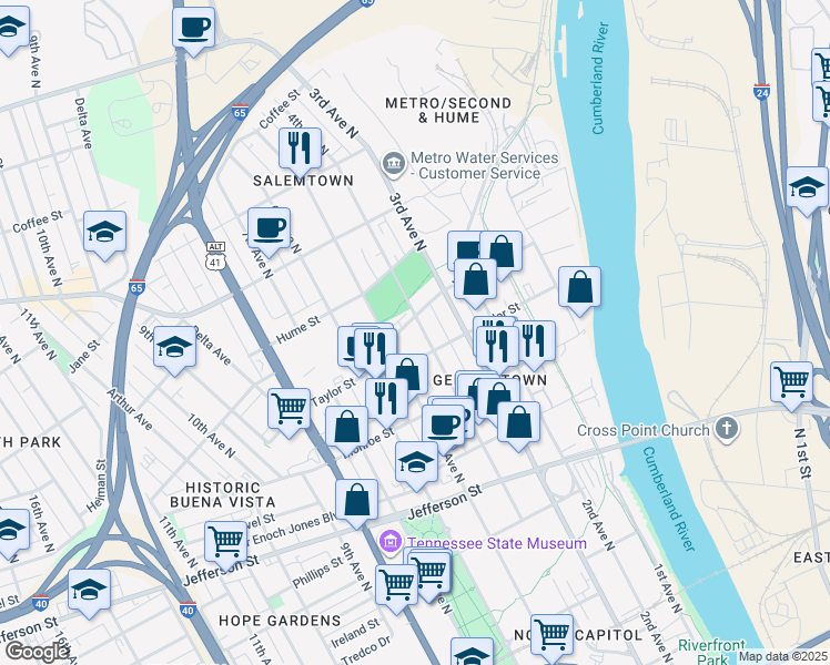 map of restaurants, bars, coffee shops, grocery stores, and more near 1505 4th Avenue North in Nashville