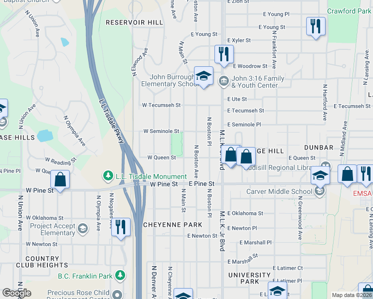 map of restaurants, bars, coffee shops, grocery stores, and more near 1635 North Main Street in Tulsa