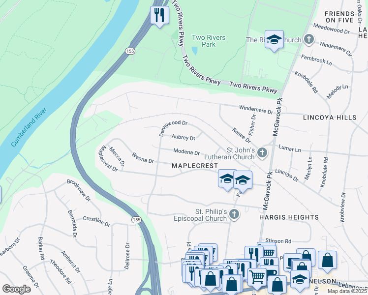 map of restaurants, bars, coffee shops, grocery stores, and more near 2309 Aubrey Drive in Nashville