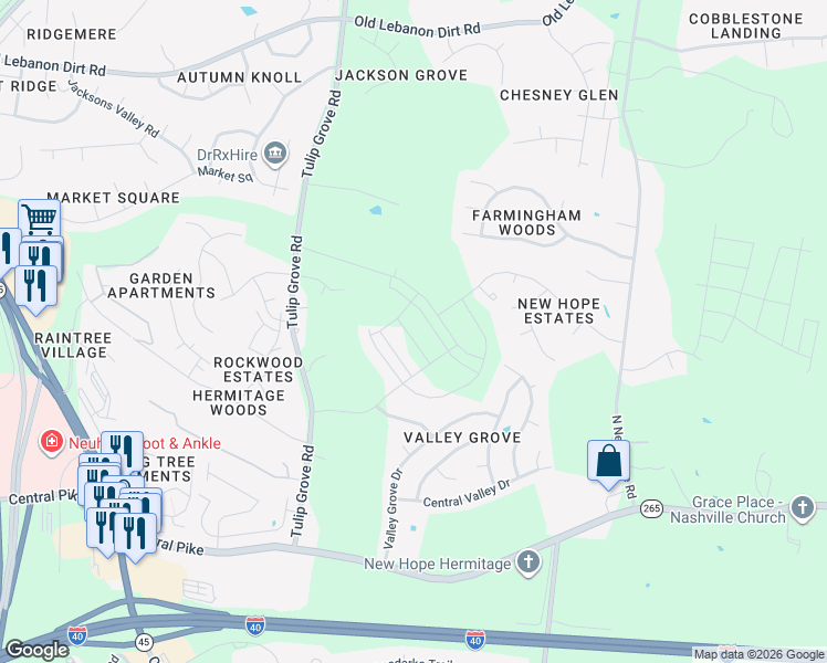 map of restaurants, bars, coffee shops, grocery stores, and more near 5114 Myra Drive in Nashville