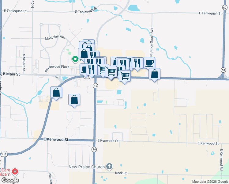 map of restaurants, bars, coffee shops, grocery stores, and more near 3200 U.S. 412 in Siloam Springs