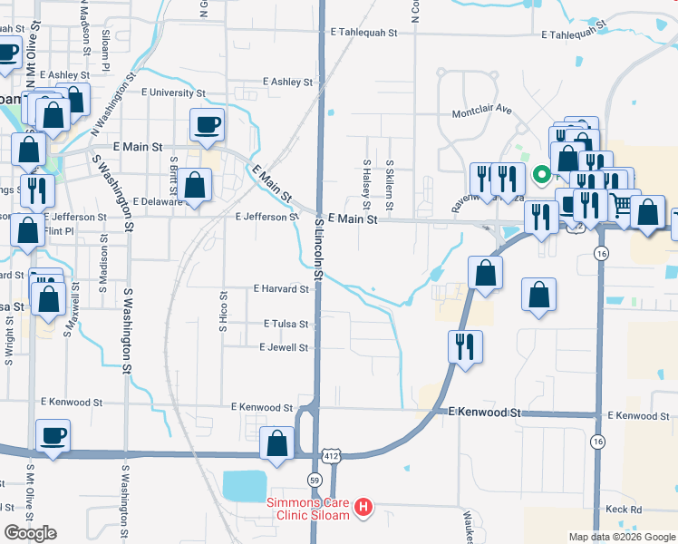 map of restaurants, bars, coffee shops, grocery stores, and more near 707 South Lincoln Street in Siloam Springs