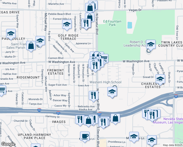 map of restaurants, bars, coffee shops, grocery stores, and more near 605 North Yale Street in Las Vegas