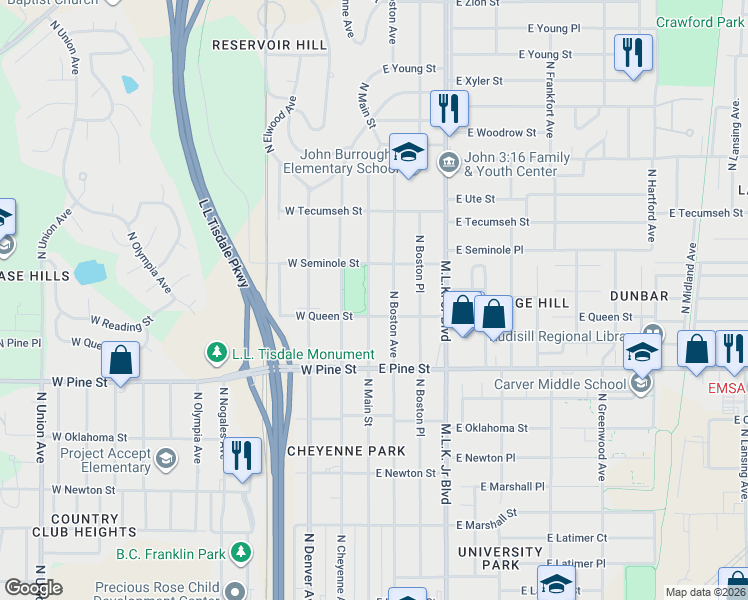 map of restaurants, bars, coffee shops, grocery stores, and more near 1635 North Main Street in Tulsa