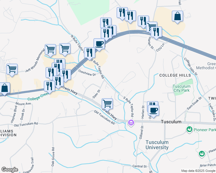 map of restaurants, bars, coffee shops, grocery stores, and more near 262 South Rufe Taylor Road in Greeneville