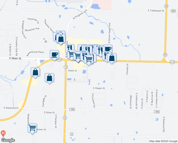 map of restaurants, bars, coffee shops, grocery stores, and more near 751 Highway 16 in Siloam Springs