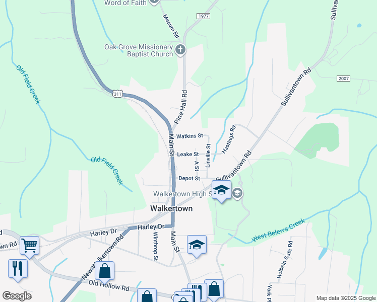 map of restaurants, bars, coffee shops, grocery stores, and more near 3741 Leake Street in Walkertown
