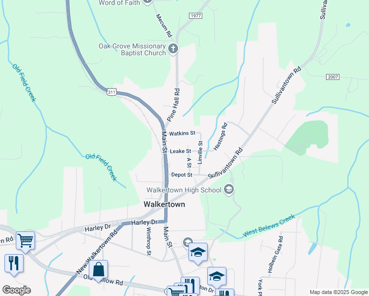 map of restaurants, bars, coffee shops, grocery stores, and more near 3760 Watkins Street in Walkertown