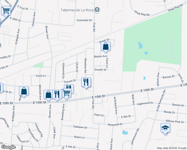 map of restaurants, bars, coffee shops, grocery stores, and more near 1005 Dowell Street in Cookeville