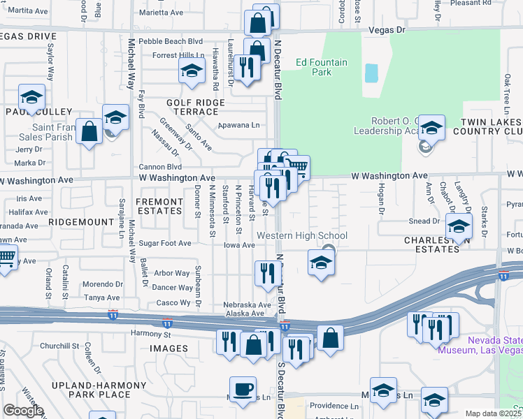 map of restaurants, bars, coffee shops, grocery stores, and more near 605 North Yale Street in Las Vegas