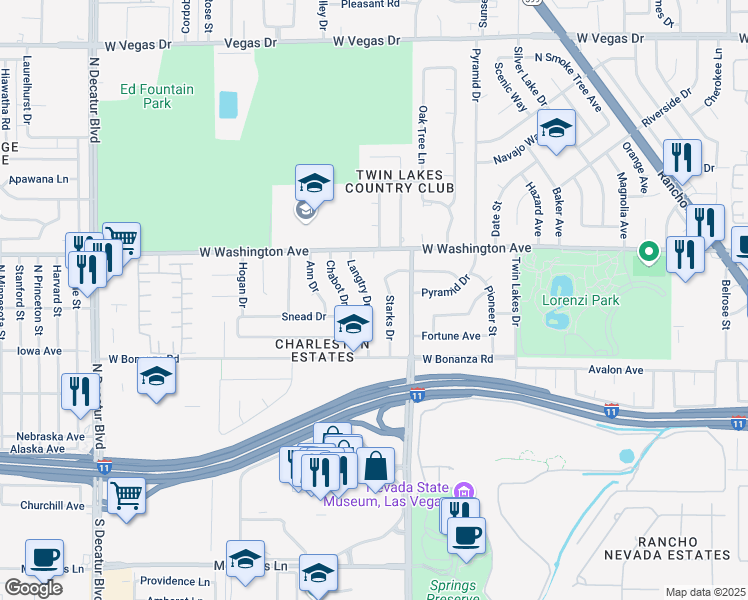 map of restaurants, bars, coffee shops, grocery stores, and more near 716 Langtry Drive in Las Vegas