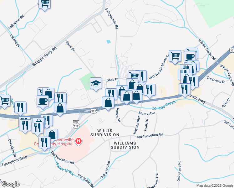 map of restaurants, bars, coffee shops, grocery stores, and more near 110 Fairgrounds Circle in Greeneville