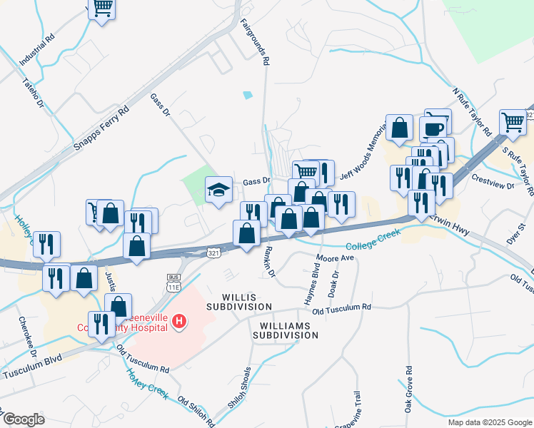 map of restaurants, bars, coffee shops, grocery stores, and more near 110 Fairgrounds Circle in Greeneville