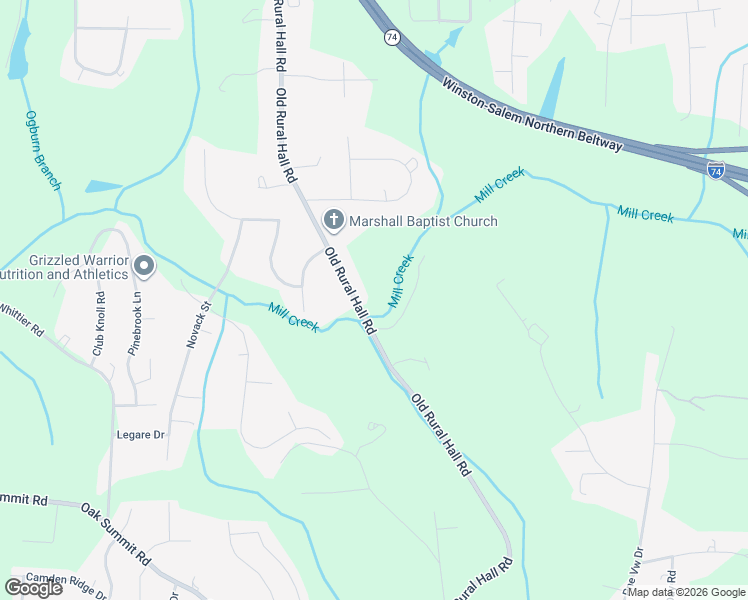 map of restaurants, bars, coffee shops, grocery stores, and more near 5711 Old Rural Hall Road in Winston-Salem