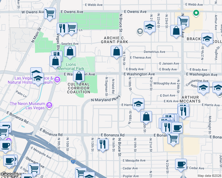 map of restaurants, bars, coffee shops, grocery stores, and more near 845 North Held Road in Las Vegas