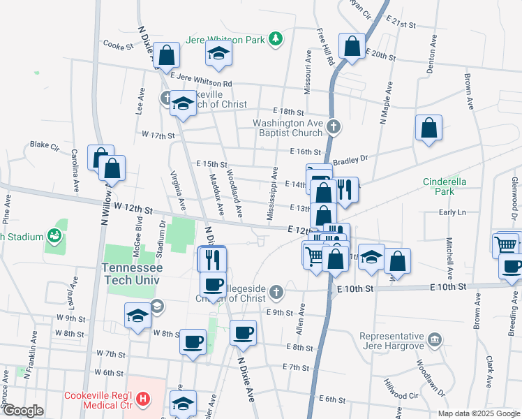 map of restaurants, bars, coffee shops, grocery stores, and more near 256 East 13th Street in Cookeville