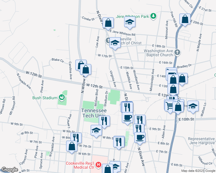 map of restaurants, bars, coffee shops, grocery stores, and more near 1300 Byrne Avenue in Cookeville