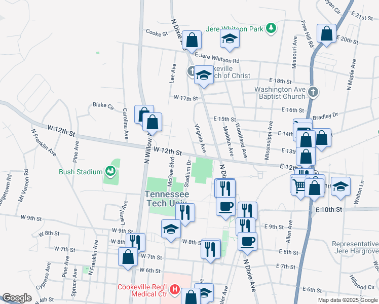 map of restaurants, bars, coffee shops, grocery stores, and more near 1300 Byrne Avenue in Cookeville