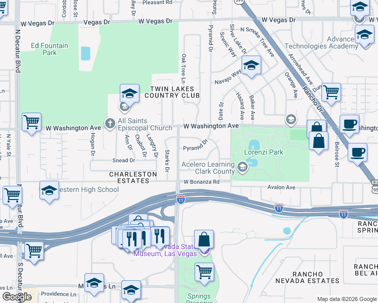 map of restaurants, bars, coffee shops, grocery stores, and more near 3701 Pyramid Drive in Las Vegas